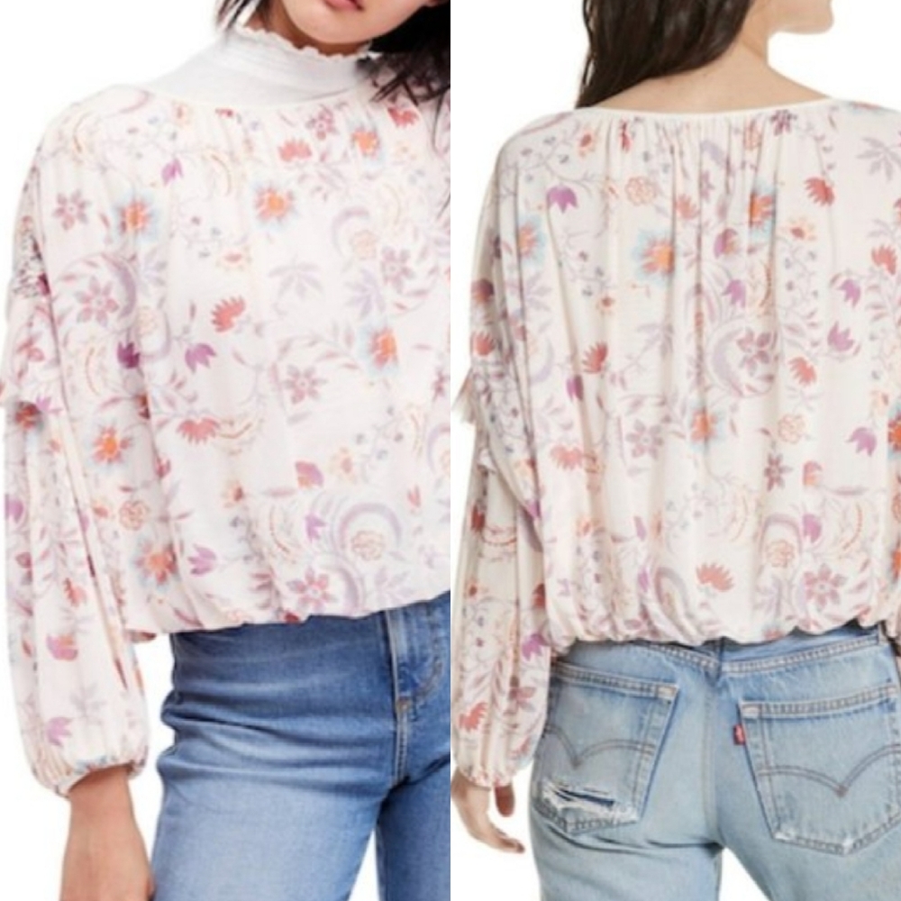 NWT FREE PEOPLE S Womens Wildflower Floral Ruffle Sleeve Bubble Hem Blouse